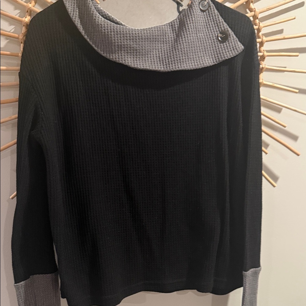 Black Top with Gray Ribbed Collar and Cuffs